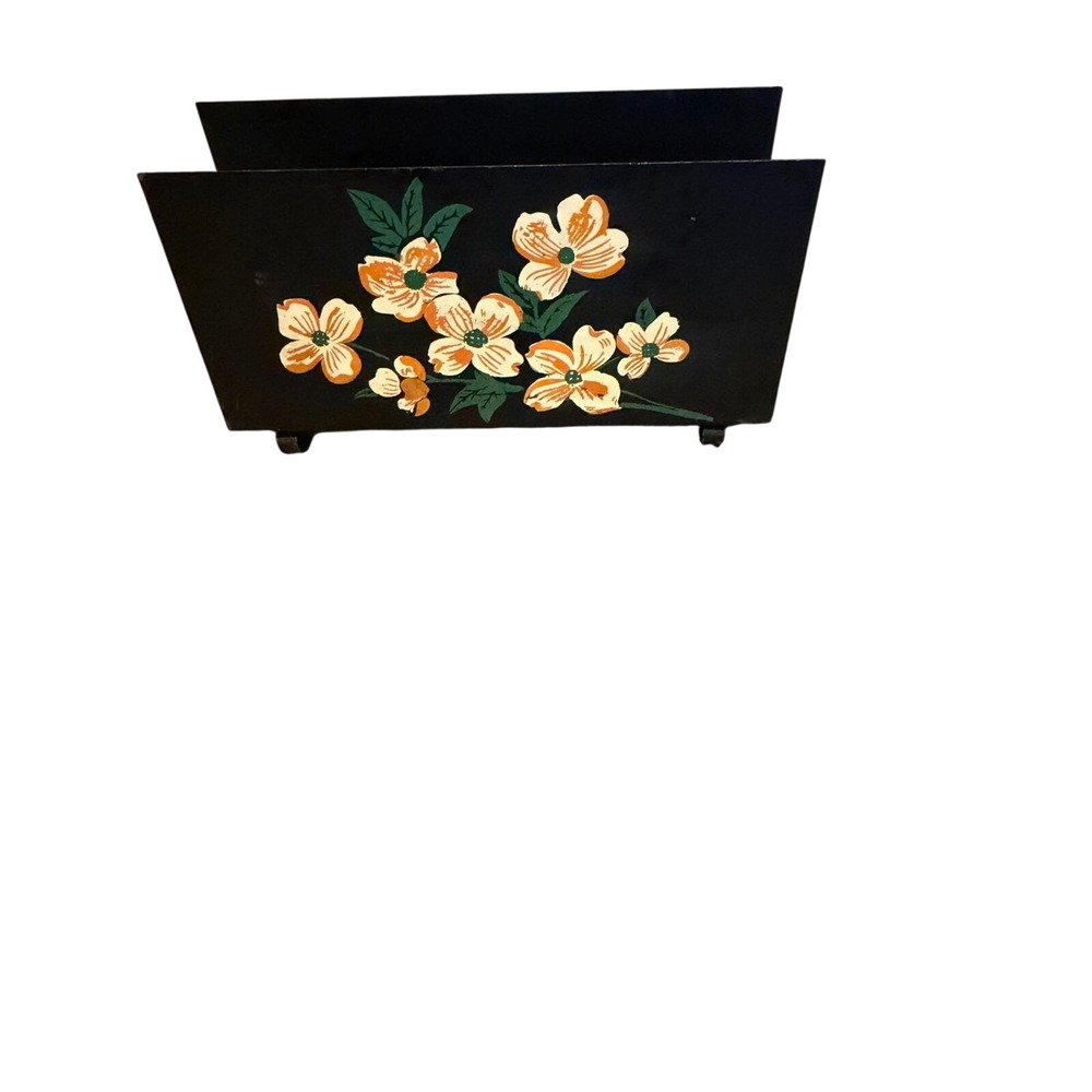 Vintage Hand Painted Metal Napkin Holder Black Floral Dogwood Letter Organizer
